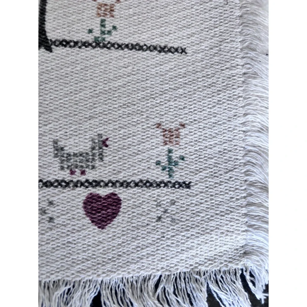 Vintage Farmhouse Woven Placemats Set of 4 Saltbox House Heart Fringed Cream